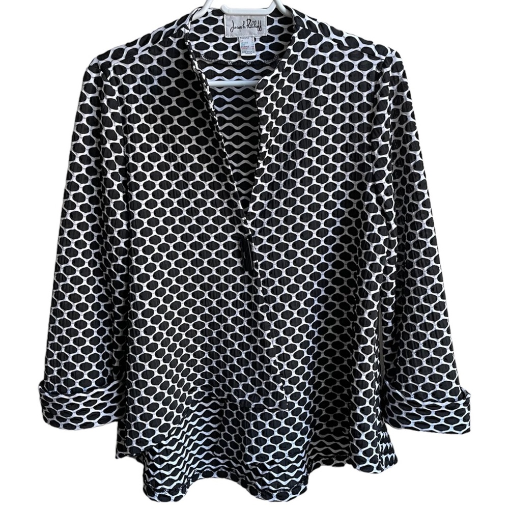 Joseph Ribkoff Black & White Geometric One-Button Asymmetrical Swing Jacket